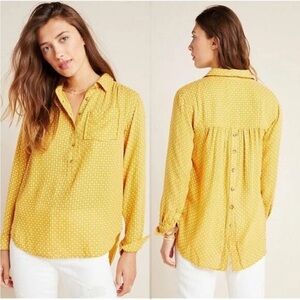 Anthropologie Mustard Yellow Isadora Tunic Embroidered Button Back